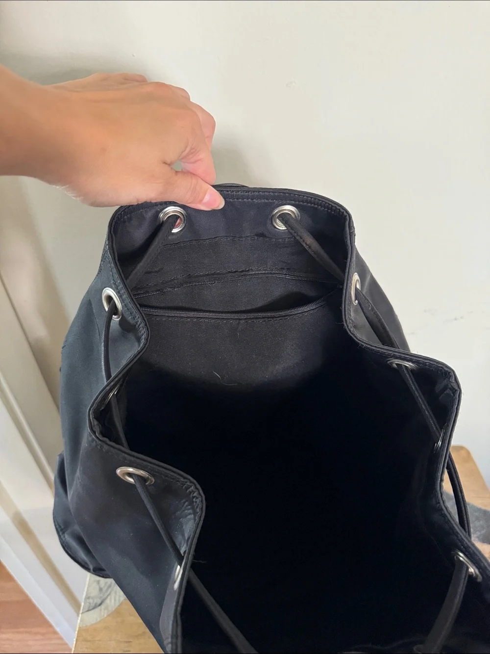 GUESS Black Nylon Drawstring Backpack with Front Pocket
